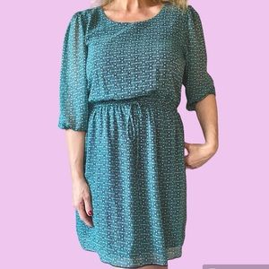 TEAL BLUE AND NAVY DRESS WITH 3/4 SLEEVES